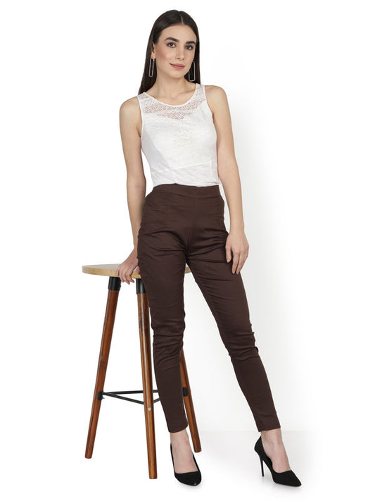 Brown Coloured Soft Pure Cotton Beautifully Crafted Solid Stretchable Women Stylish And Chic Cigarette Pant!!