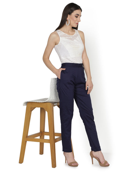 Navy Blue Coloured Soft Pure Cotton Beautifully Crafted Solid Stretchable Women Stylish And Chic Cigarette Pant!!
