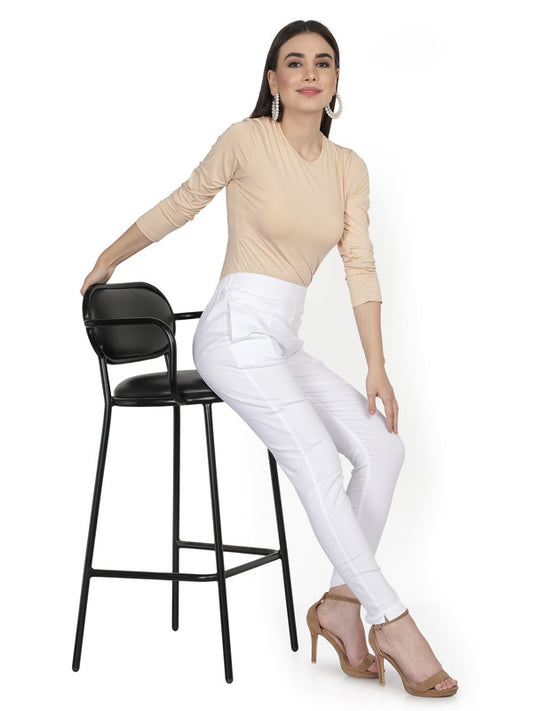 White Coloured Soft Pure Cotton Beautifully Crafted Solid Stretchable Women Stylish And Chic Cigarette Pant!!