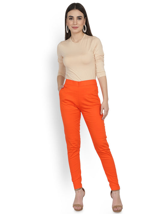 Icecream Orange Coloured Soft Pure Cotton Beautifully Crafted Solid Stretchable Women Stylish And Chic Cigarette Pant!!