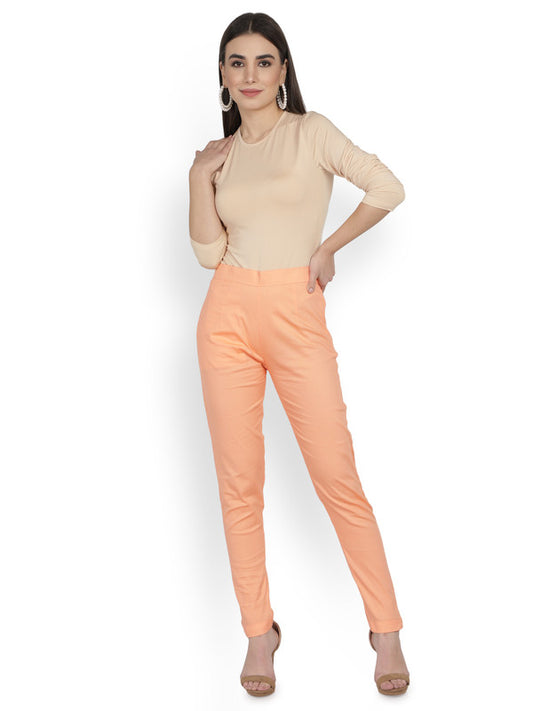 Salmon Coloured Soft Pure Cotton Beautifully Crafted Solid Stretchable Women Stylish And Chic Cigarette Pant!!