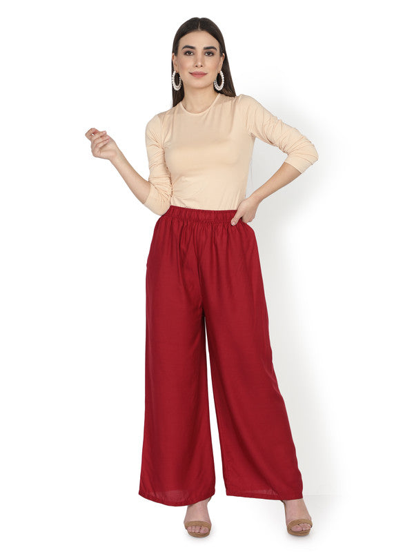 Maroon Coloured Soft Rayon Solid Elasticated Waistband Perfect Fit Women flared Wide Legged Palazzo Pants!!