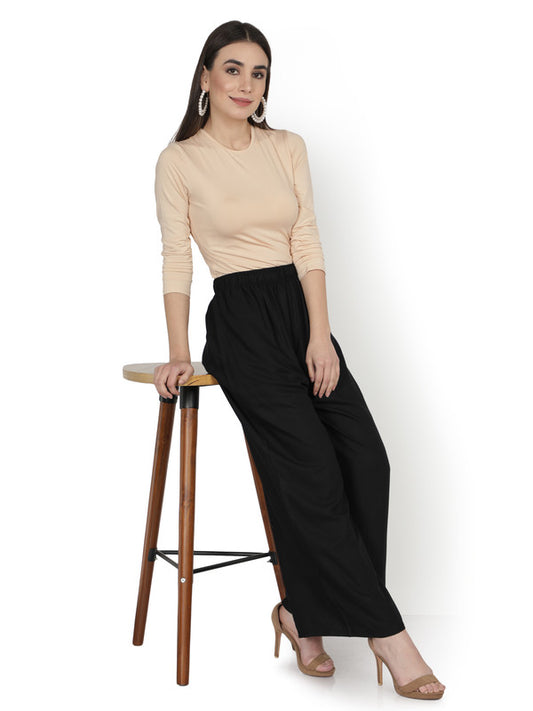 Black Coloured Soft Rayon Solid Elasticated Waistband Perfect Fit Women flared Wide Legged Palazzo Pants!!