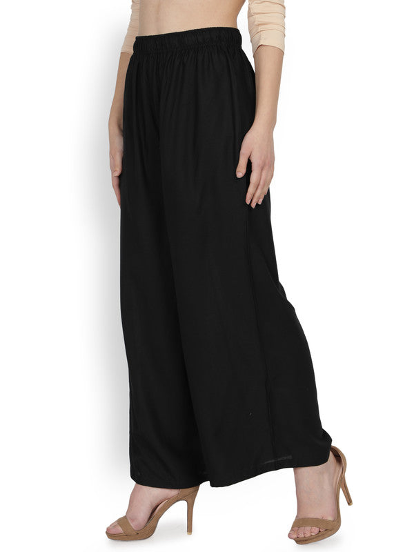 Black Coloured Soft Rayon Solid Elasticated Waistband Perfect Fit Women flared Wide Legged Palazzo Pants!!