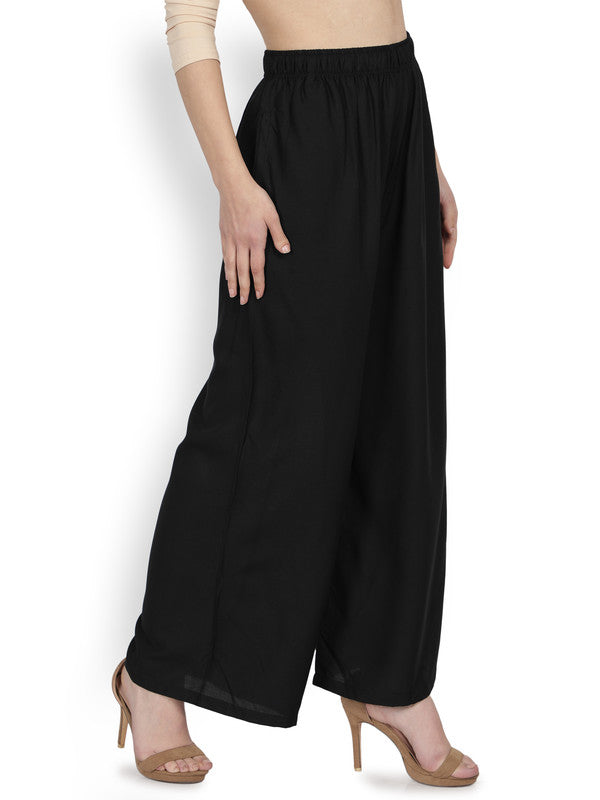 Black Coloured Soft Rayon Solid Elasticated Waistband Perfect Fit Women flared Wide Legged Palazzo Pants!!