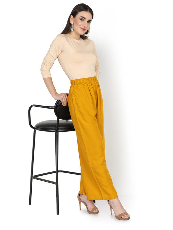 Mustard Yellow Coloured Soft Rayon Solid Elasticated Waistband Perfect Fit Women flared Wide Legged Palazzo Pants!!