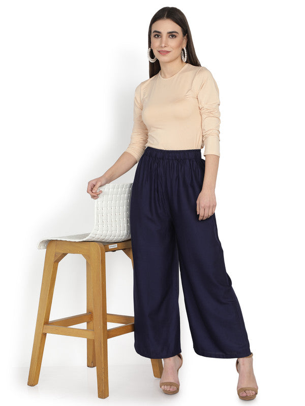 Navy Blue Coloured Soft Rayon Solid Elasticated Waistband Perfect Fit Women flared Wide Legged Palazzo Pants!!