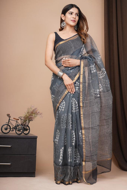 Grey & Off White Coloured Beautiful Hand Block printed Women Daily/Party wear Kota Doriya Cotton Saree with Blouse!!