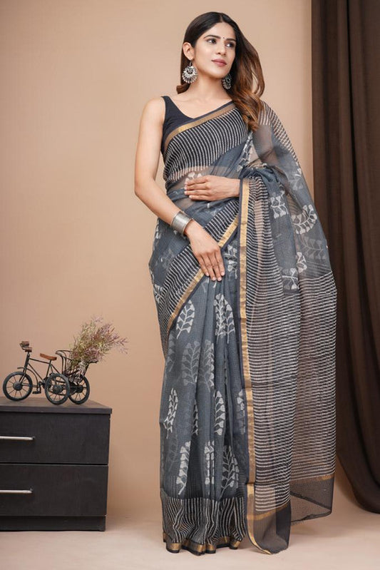 Grey & Off White Coloured Beautiful Hand Block printed Women Daily/Party wear Kota Doriya Cotton Saree with Blouse!!