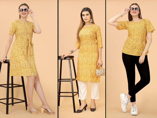 Yellow & White Coloured Premium Crepe Printed Women Daily wear Kurti, Western Top & Western Dress Combo ( 3 Pcs )!!