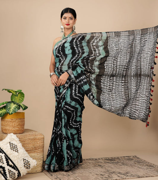 LINEN COTTON HAND PRINTED  SAREE WITH TAUSSAL