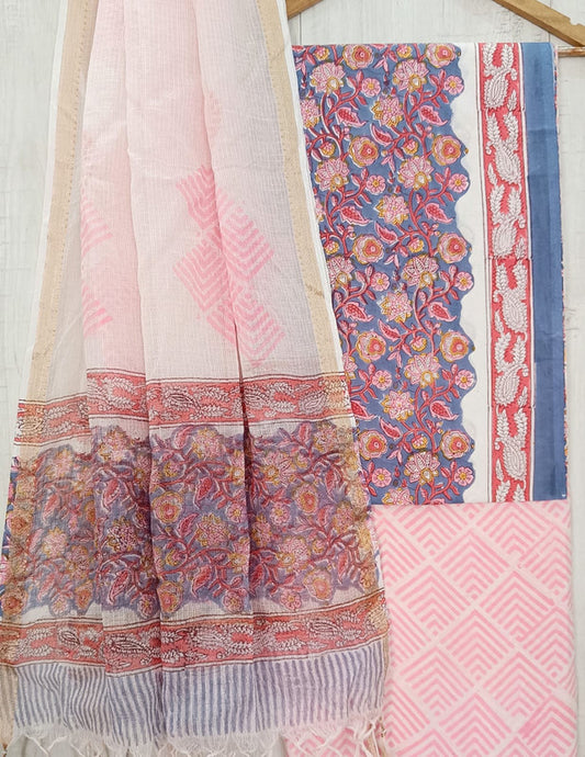 Blue & Pink Coloured Unstitched Pure Cotton Hand Block Printed Women Party/Daily wear Dress Material Suit- Top with Bottom & Cotton Dupatta!!