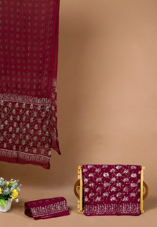 Maroon Coloured Exclusive Unstitched Pure Cotton Hand Block Printed Party wear Dress Material Suit!!