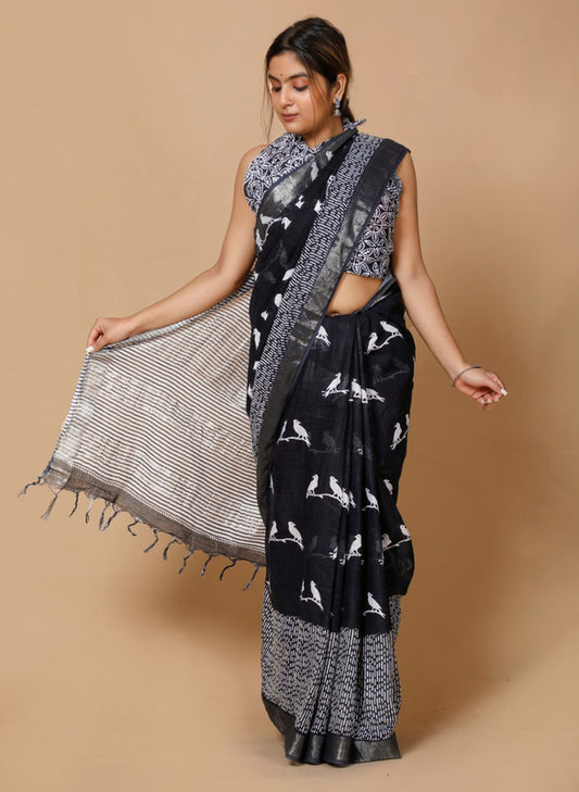 LINEN COTTON HAND BLOCK PRINT SAREE WITH BLOUSE!!