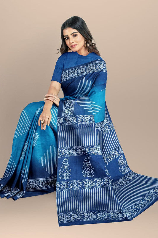 Blue & White Coloured Premium Mul Mul Cotton Beautiful Hand Block printed Women Daily/Party wear Saree with Blouse!!