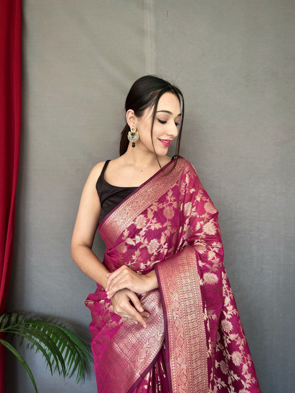 Dark Pink Coloured Pure Linen Cotton with Copper Weaving Women Designer Party wear Linen Cotton Saree with Brocade Blouse!!