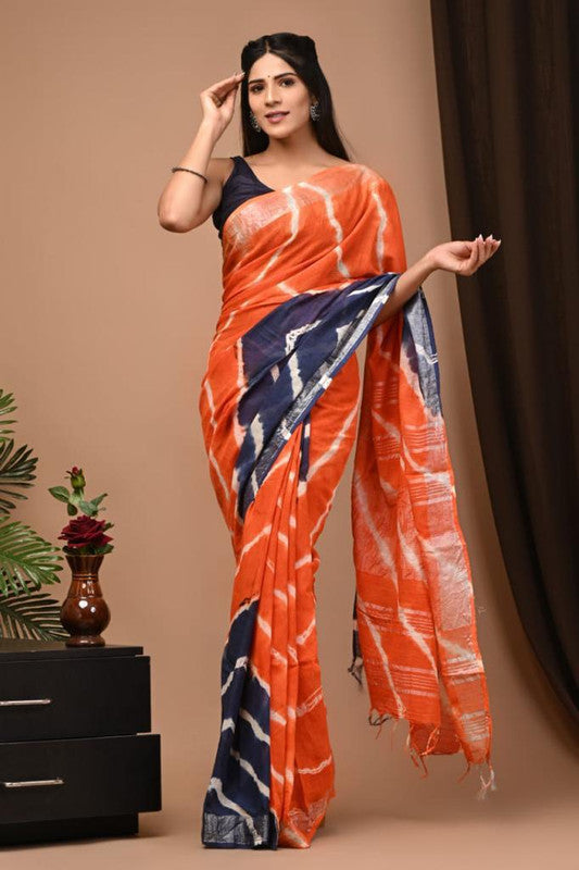 Orange & Blue Coloured Linen Cotton Beautiful Hand Block printed Women Daily/Party wear Saree with Blouse!!