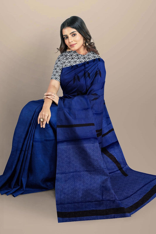 Navy Blue & White Coloured Premium Mul Mul Cotton Beautiful Hand Block printed Women Daily/Party wear Saree with Blouse!!