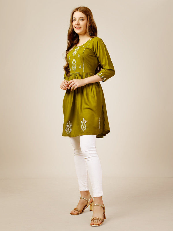 Mehendi Green Coloured Premium Rayon with Embroidery & Sequence Work Round Neck 3/4 Sleeves work Women Party/Daily wear Western Top!!