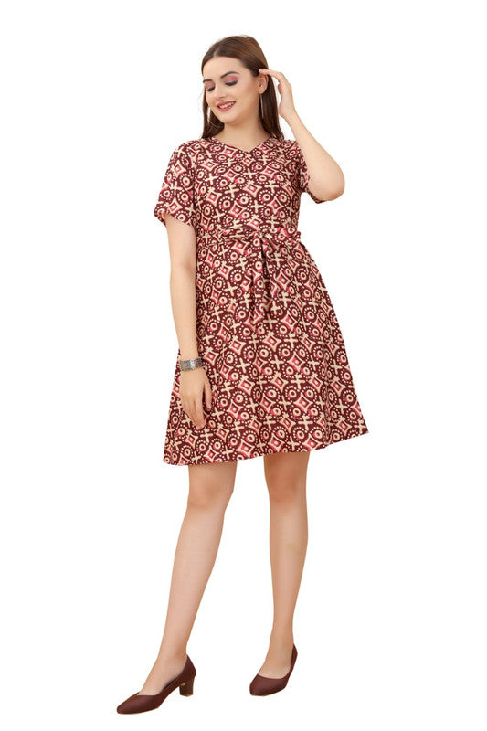 Maroon & Multi Coloured Premium Crepe Printed Short Sleeves Round Neck Women Daily wear Western Dress!!