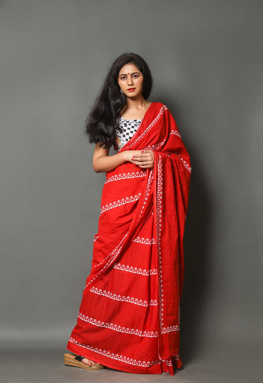 Red & White Coloured Beautiful Hand Block printed Women Daily/Party wear Pure Mul Cotton Saree with Blouse!!