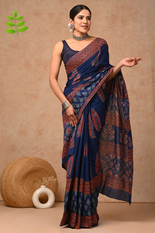 Navy Blue & Multi Coloured Pure Cotton Beautiful Hand Block printed Women Daily/Party wear Saree with Blouse!!