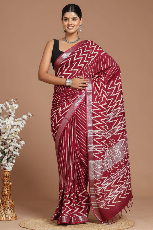 Maroon & Multi Coloured Linen Cotton Beautiful Hand Block printed Women Daily/Party wear Saree with Blouse!!