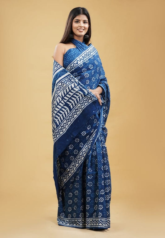 Blue & Off White Coloured Beautiful Hand Block printed Women Daily/Party wear Pure Cotton Saree with Blouse!!