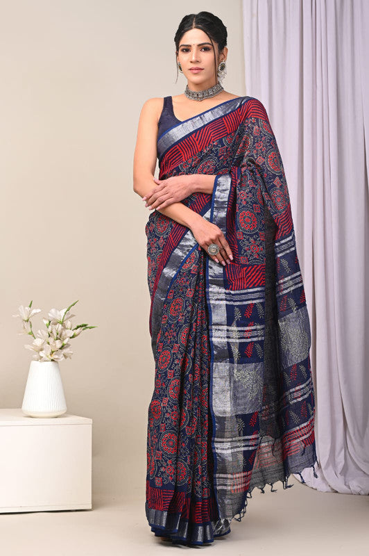 Blue & Multi Coloured Linen Cotton Beautiful Hand Block printed Women Daily/Party wear Saree with Blouse!!