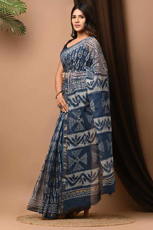 Blue & Multi Coloured Kota Doriya Cotton Beautiful Hand Block printed Women Daily/Party wear Saree with Blouse!!