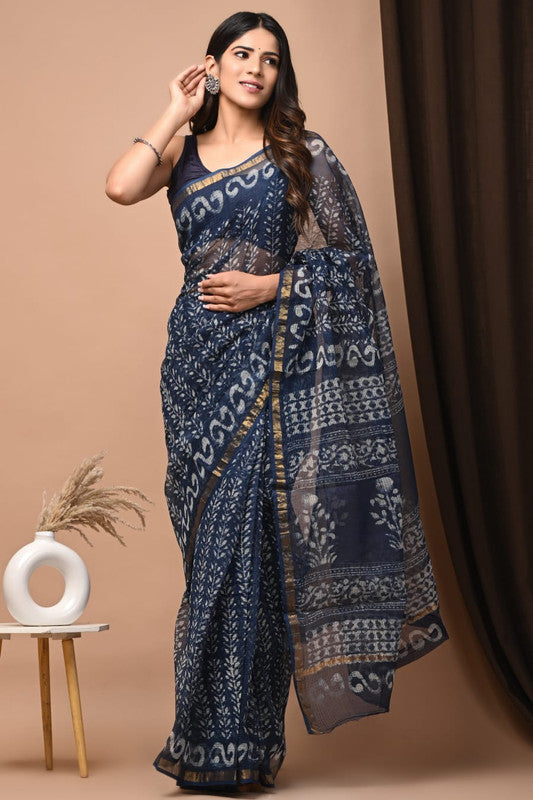 Blue & Multi Coloured Kota Doriya Cotton Beautiful Hand Block printed Women Daily/Party wear Saree with Blouse!!