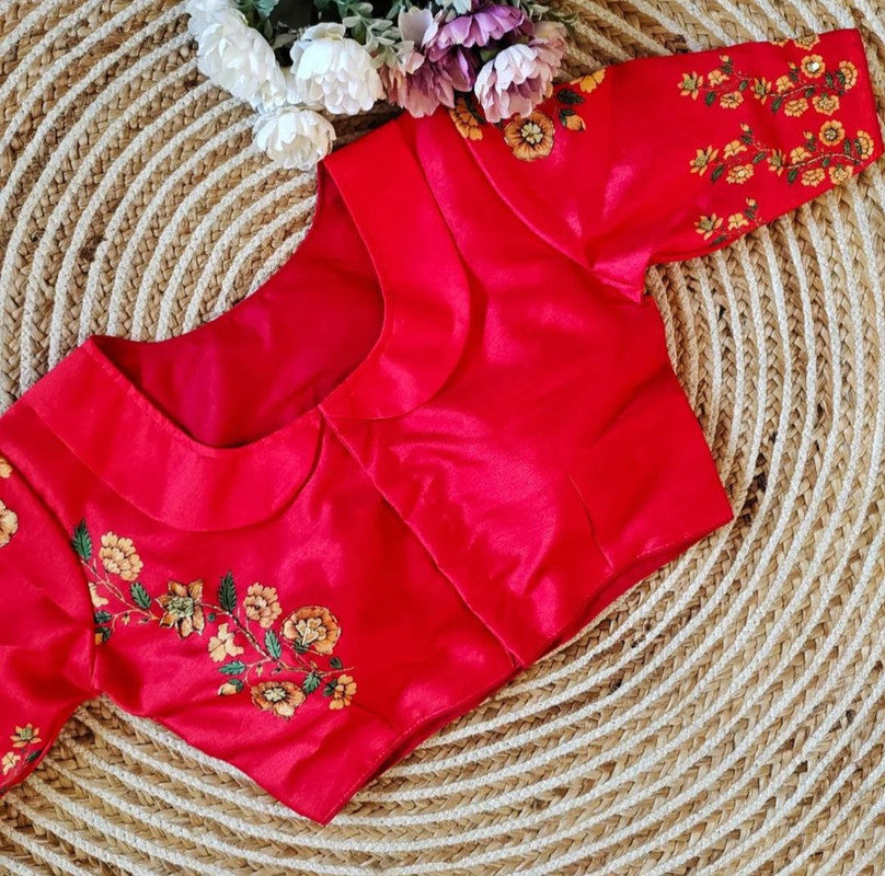 Red Coloured Pure Silk with Handmade work  Woman Ready made Designer Botique Style Blouse- Free Size Up to 42 Inch!!