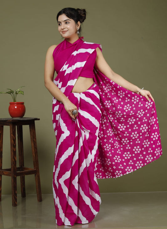 Pink & White Coloured Hand Printed Super dying Quality Mul Cotton Women Daily wear Saree with Blouse!!