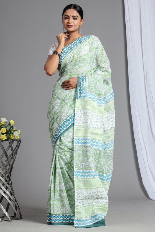 Light Green & Sky Blue Coloured Pure Cotton Beautiful Hand Block printed Women Daily/Party wear Saree with Blouse!!