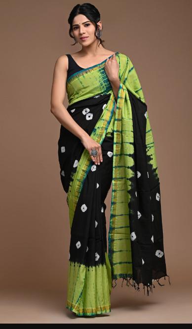 Parrot Green with Black & White Coloured Hand Block Printed Women Designer Party wear Chanderi Cotton Silk Saree with Runnin Blouse!!