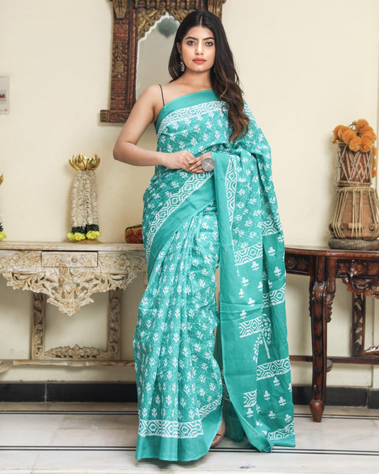 Light Green & White Coloured Beautiful Hand Block printed Women Daily/Party wear Pure Mul Cotton Saree with Blouse!!