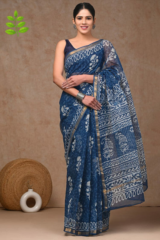 Blue & Multi Coloured Kota Doriya Cotton Beautiful Hand Block printed Women Daily/Party wear Saree with Blouse!!