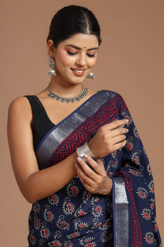 Navy Blue & Multi Coloured Linen Cotton Beautiful Hand Block printed Women Daily/Party wear Saree with Blouse!!