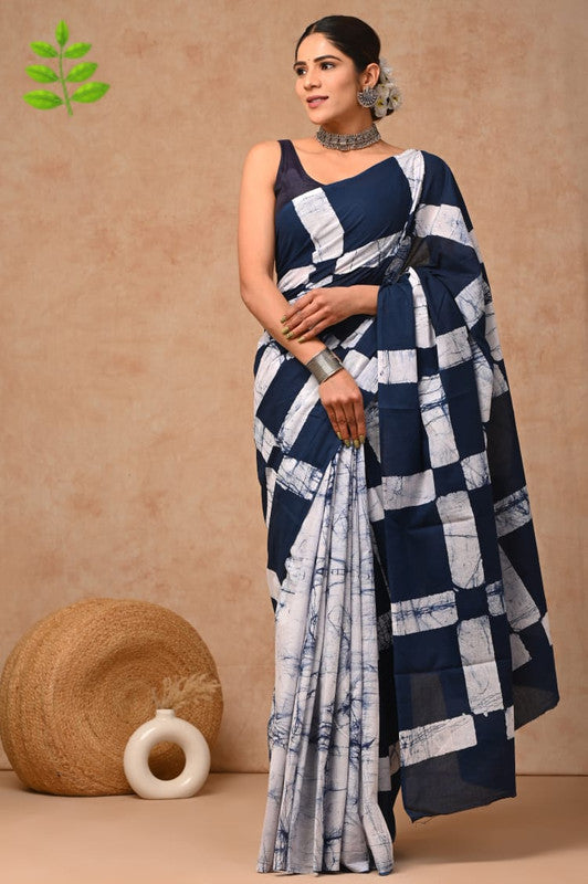 Navy Blue & White Coloured Pure Cotton Beautiful Hand Block printed Women Daily/Party wear Saree with Blouse!!