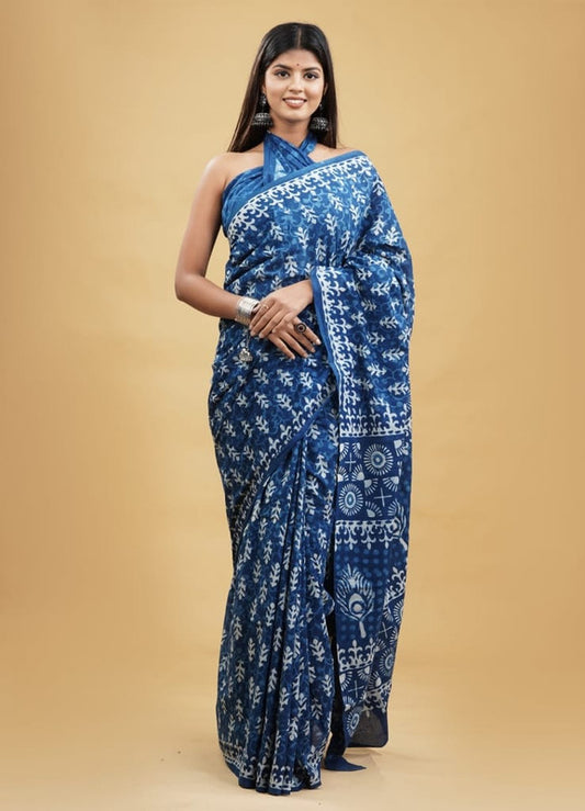 Blue & Off White Coloured Beautiful Hand Block printed Women Daily/Party wear Pure Cotton Saree with Blouse!!