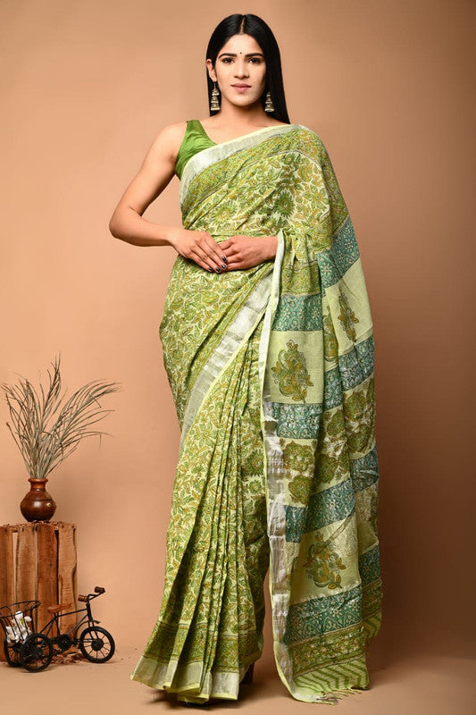 Green & Multi Coloured Exclusive Hand Block printed Women Daily/Party wear Linen Cotton Saree with Blouse!!