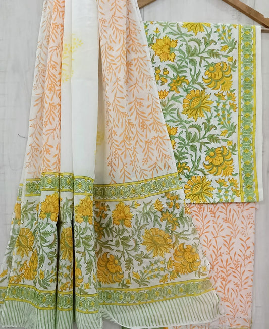 Light Green & Orange Coloured Unstitched Pure Cotton Hand Block Printed Women Party/Daily wear Dress Material Suit- Top with Bottom & Cotton Dupatta!!