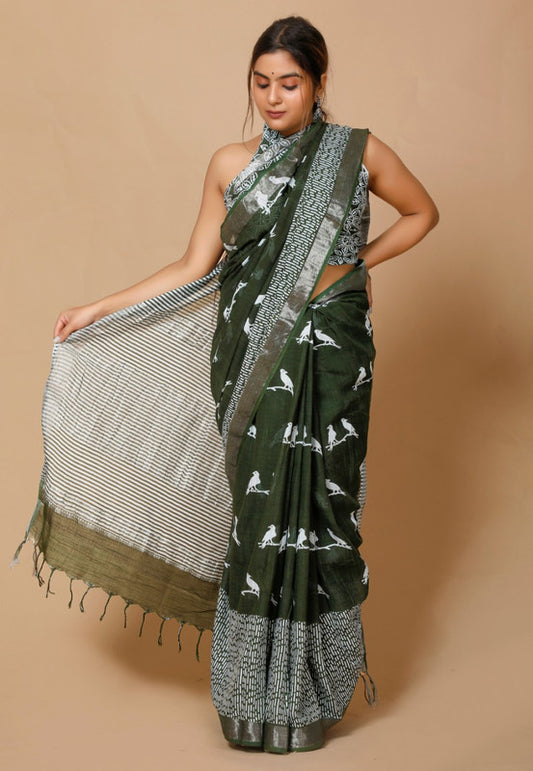 LINEN COTTON HAND BLOCK PRINT SAREE WITH BLOUSE!!