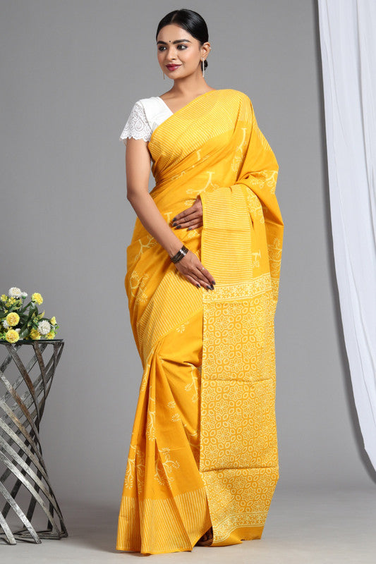 Yellow & White Coloured Pure Cotton Beautiful Hand Block printed Women Daily/Party wear Saree with Blouse!!