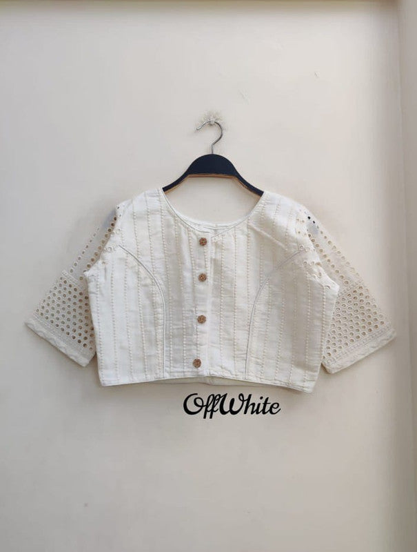 Off White Coloured Jaipuri Goli Hakoba Boat Neck Ready made Blouse with Wooden Button!!