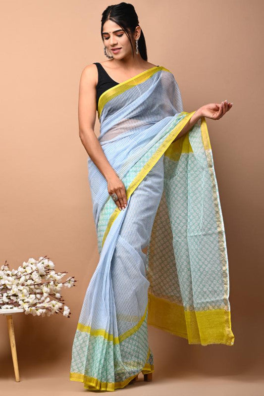 Sky Blue & Multi Coloured Kota Doriya Cotton Beautiful Hand Block printed Women Daily/Party wear Saree with Blouse!!