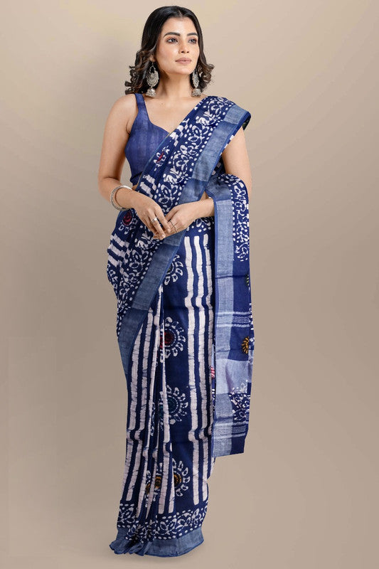 Blue & Multi Coloured Linen Cotton Beautiful Hand Block printed Women Daily/Party wear Saree with Blouse!!