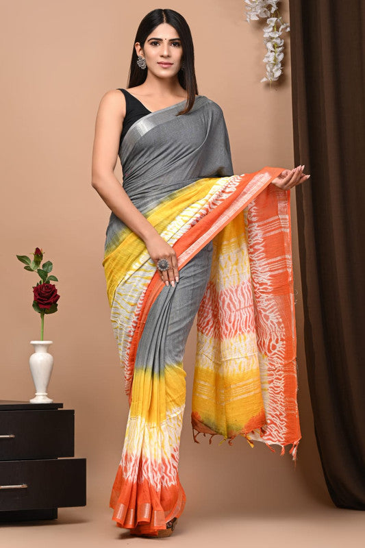 Latest Attractive Beautiful Designer Hand Block Print Linen Saree