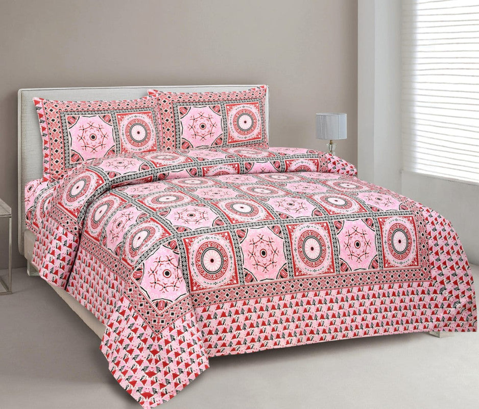 Pink & Multi Coloured Pure Cotton Beautiful Hand Printed Queen size Double Bed sheet with 2 Pillow covers!!