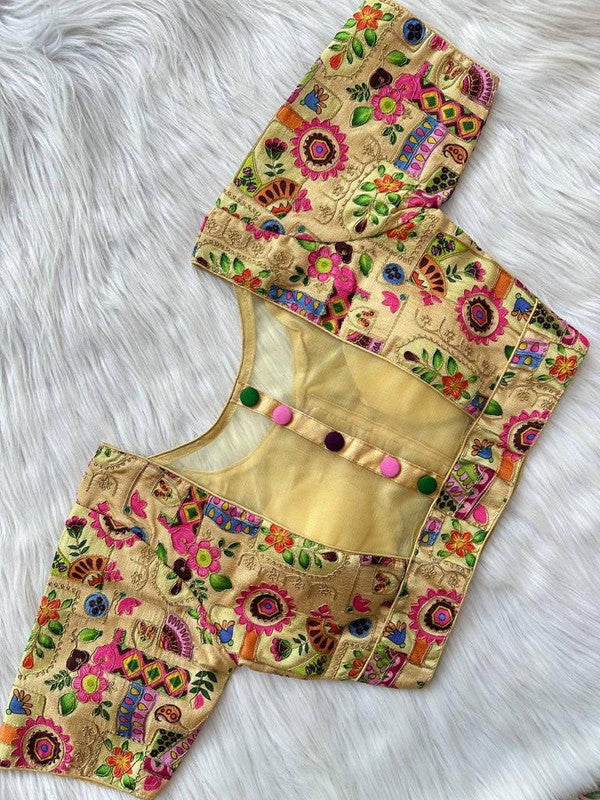 Chikoo & Multi Coloured Premium Malai Silk Multi Work 5 Colour Button Woman Ready made Designer fancy Blouse- Free Size Up to 42 Inch!!